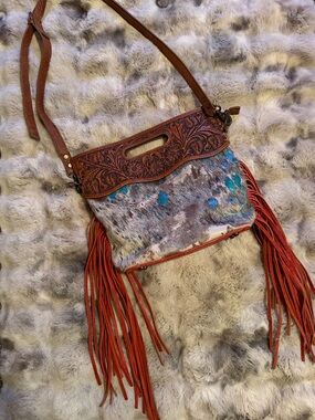 American Darling Brown Leather Cowhide Fringe Shoulder Bag
